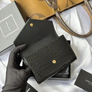 Saint Laurent YSL Women Uptown Flap Card Case in Crocodile-Embossed Shiny Leather