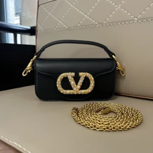 Valentino Women Garavani Locò Small Shoulder Bag In Calfskin With Jewel Logo-Black