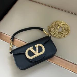 Valentino Women Garavani Locò Small Shoulder Bag In Calfskin With Jewel Logo-Black