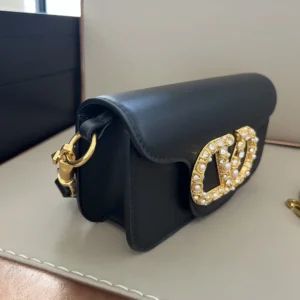 Valentino Women Garavani Locò Small Shoulder Bag In Calfskin With Jewel Logo-Black