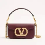 Valentino Women Garavani Locò Small Shoulder Bag In Calfskin With Jewel Logo-Maroon