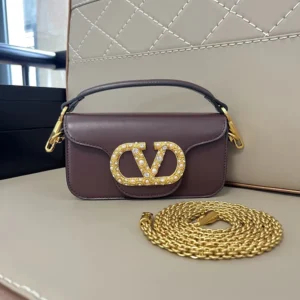 Valentino Women Garavani Locò Small Shoulder Bag In Calfskin With Jewel Logo-Maroon
