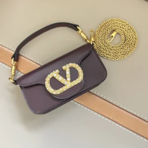 Valentino Women Garavani Locò Small Shoulder Bag In Calfskin With Jewel Logo-Maroon