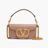 Valentino Women Garavani Locò Small Shoulder Bag In Calfskin With Jewel Logo-Sandy
