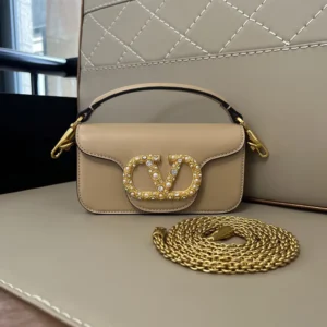 Valentino Women Garavani Locò Small Shoulder Bag In Calfskin With Jewel Logo-Sandy
