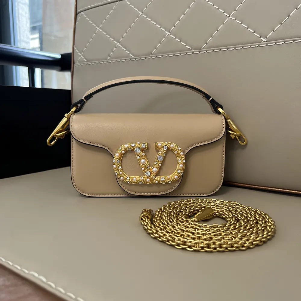 Valentino Women Garavani Locò Small Shoulder Bag In Calfskin With Jewel Logo-Sandy