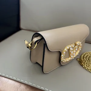 Valentino Women Garavani Locò Small Shoulder Bag In Calfskin With Jewel Logo-Sandy