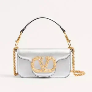 Valentino Women Garavani Locò Small Shoulder Bag In Laminated Calfskin With Jewel Logo