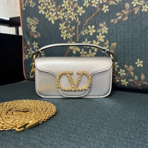 Valentino Women Garavani Locò Small Shoulder Bag In Laminated Calfskin With Jewel Logo