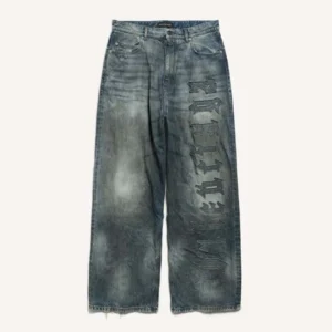 Balenciaga Men Minimal Baggy Pants In Dirty Grey And Light Blue Cotton Denim 857216T