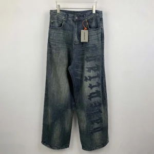 Balenciaga Men Minimal Baggy Pants In Dirty Grey And Light Blue Cotton Denim 857216T