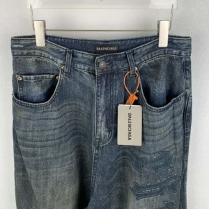 Balenciaga Men Minimal Baggy Pants In Dirty Grey And Light Blue Cotton Denim 857216T