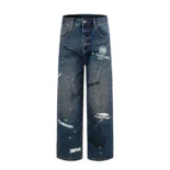 Balenciaga Men Tattoo Baggy Pants in Dark Grey Cotton Denim