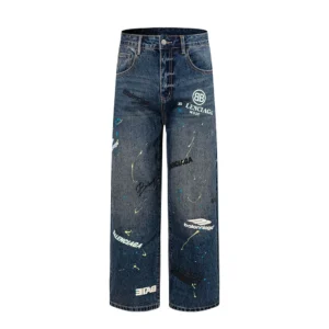 Balenciaga Men Tattoo Baggy Pants in Dark Grey Cotton Denim