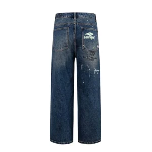 Balenciaga Men Tattoo Baggy Pants in Dark Grey Cotton Denim