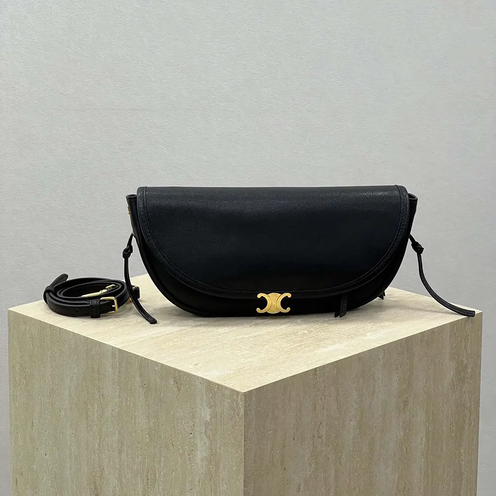 Celine Women Little Halfmoon Soft Triomphe in Supple Shiny Lambskin-Black
