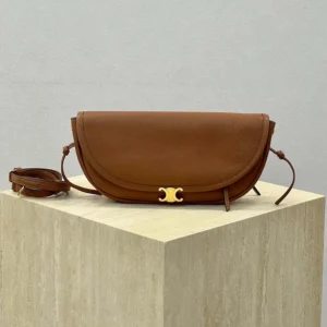 Celine Women Little Halfmoon Soft Triomphe in Supple Shiny Lambskin-Brown