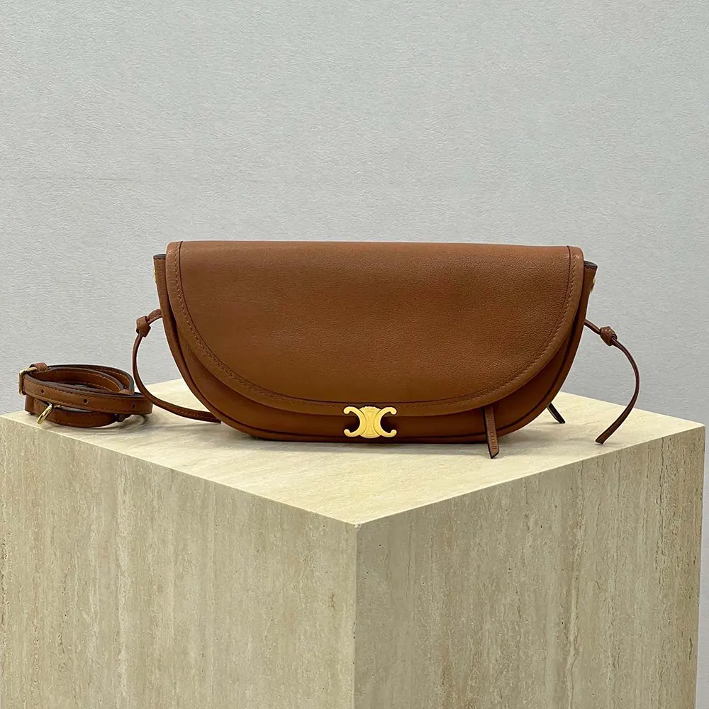 Celine Women Little Halfmoon Soft Triomphe in Supple Shiny Lambskin-Brown