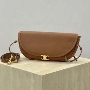 Celine Women Little Halfmoon Soft Triomphe in Supple Shiny Lambskin-Brown