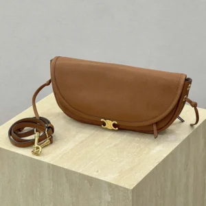 Celine Women Little Halfmoon Soft Triomphe in Supple Shiny Lambskin-Brown