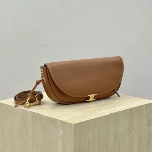 Celine Women Little Halfmoon Soft Triomphe in Supple Shiny Lambskin-Brown