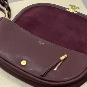 Celine Women Little Halfmoon Soft Triomphe in Supple Shiny Lambskin-Maroon