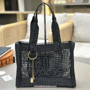 Chloe Women Summer Banana East-west Tote Bag in Raffia & Buffalo Leather