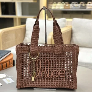 Chloe Women Summer Banana East-west Tote Bag in Raffia & Buffalo Leather