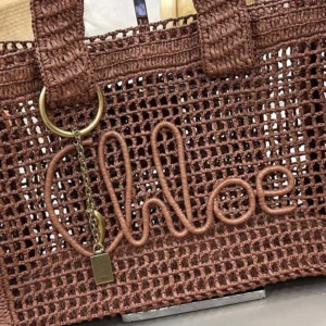 Chloe Women Summer Banana East-west Tote Bag in Raffia & Buffalo Leather