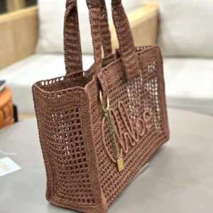 Chloe Women Summer Banana East-west Tote Bag in Raffia & Buffalo Leather