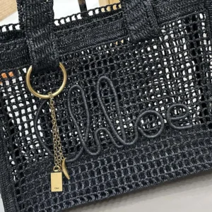 Chloe Women Summer Banana East-west Tote Bag in Raffia & Buffalo Leather