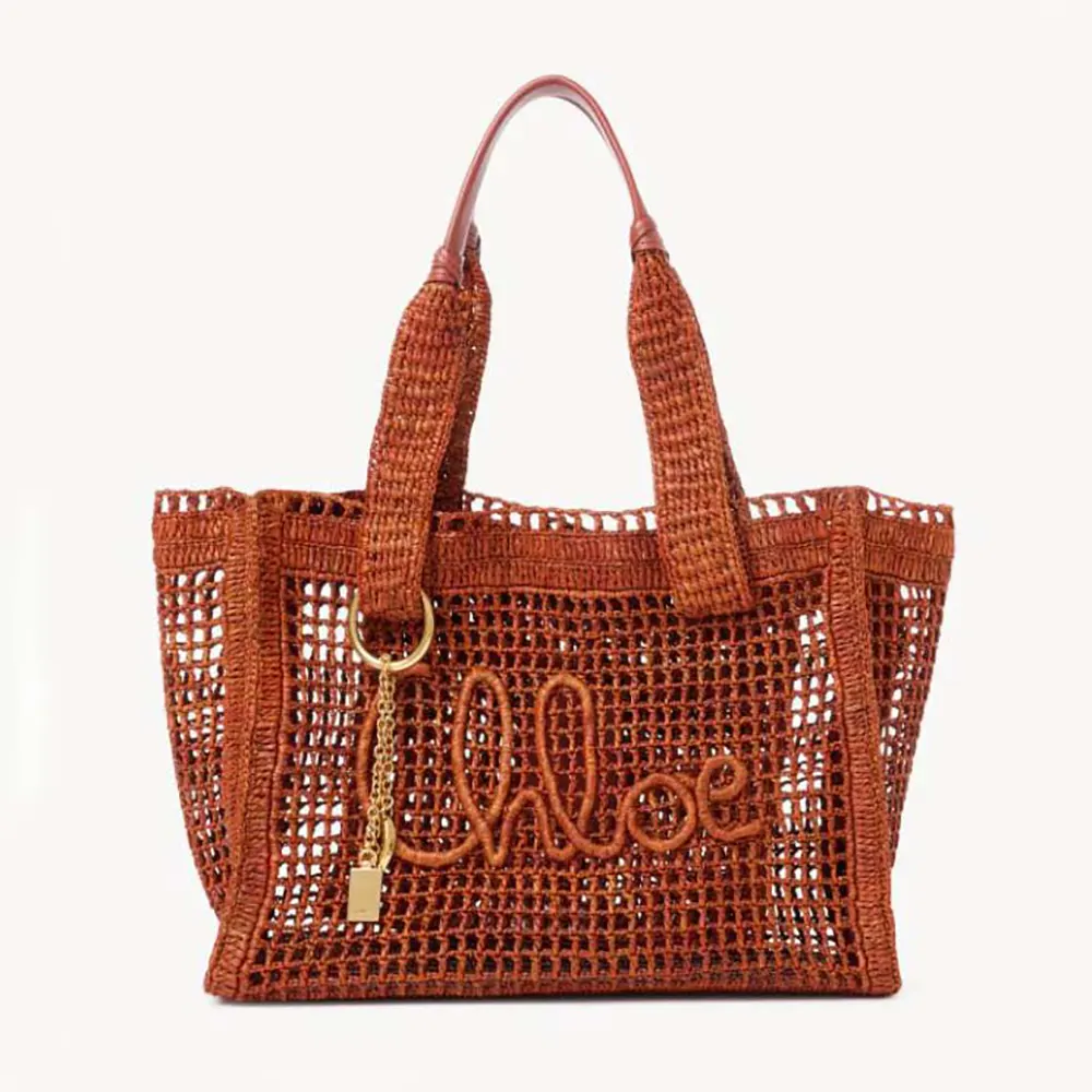 Chloe Women Summer Banana East-west Tote Bag in Raffia & Buffalo Leather