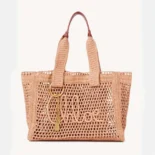 Chloe Women Summer Banana East-west Tote Bag in Raffia & Buffalo Leather-Pink