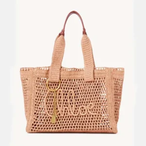 Chloe Women Summer Banana East-west Tote Bag in Raffia & Buffalo Leather-Pink
