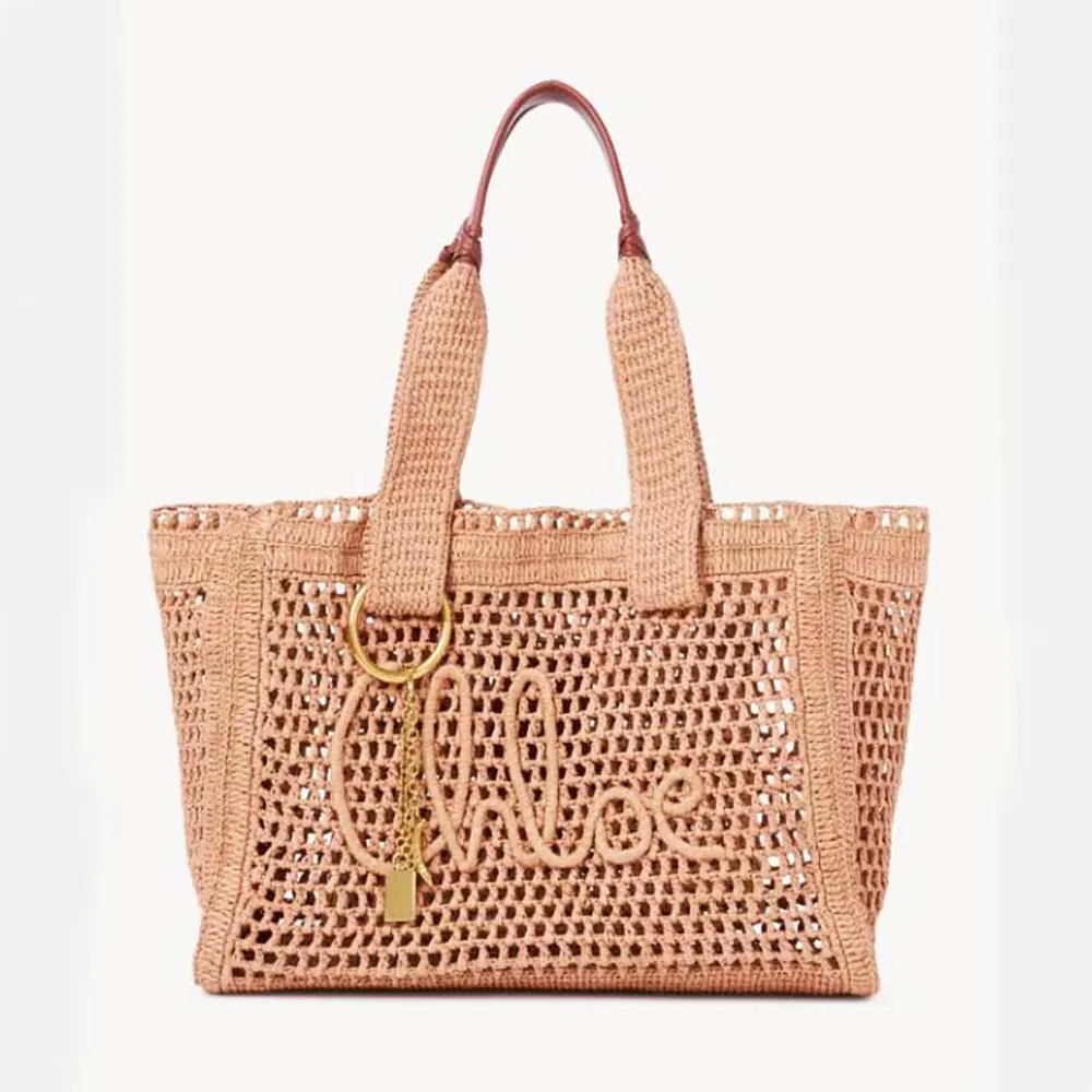 Chloe Women Summer Banana East-west Tote Bag in Raffia & Buffalo Leather-Pink