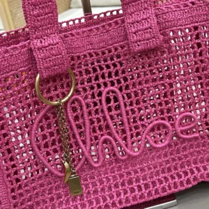 Chloe Women Summer Banana East-west Tote Bag in Raffia & Buffalo Leather-Pink