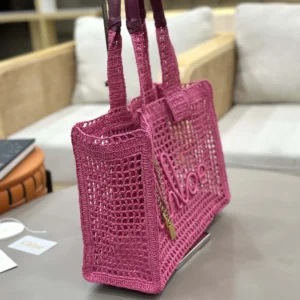 Chloe Women Summer Banana East-west Tote Bag in Raffia & Buffalo Leather-Pink