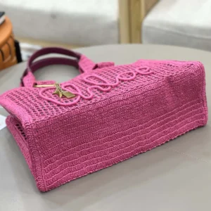 Chloe Women Summer Banana East-west Tote Bag in Raffia & Buffalo Leather-Pink