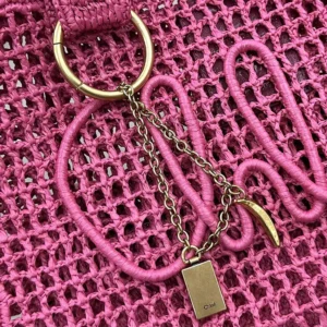 Chloe Women Summer Banana East-west Tote Bag in Raffia & Buffalo Leather-Pink