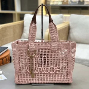Chloe Women Summer Banana East-west Tote Bag in Raffia & Buffalo Leather-Pink