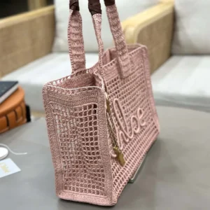 Chloe Women Summer Banana East-west Tote Bag in Raffia & Buffalo Leather-Pink
