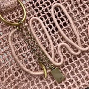 Chloe Women Summer Banana East-west Tote Bag in Raffia & Buffalo Leather-Pink