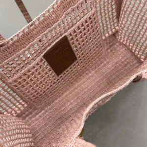 Chloe Women Summer Banana East-west Tote Bag in Raffia & Buffalo Leather-Pink