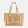 Chloe Women Summer Banana East-west Tote Bag in Raffia & Buffalo Leather-Beige