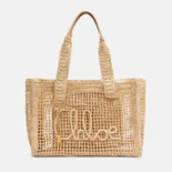 Chloe Women Summer Banana East-west Tote Bag in Raffia & Buffalo Leather-Beige