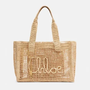 Chloe Women Summer Banana East-west Tote Bag in Raffia & Buffalo Leather-Beige