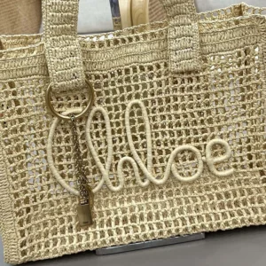 Chloe Women Summer Banana East-west Tote Bag in Raffia & Buffalo Leather-Beige