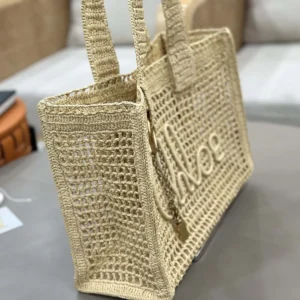 Chloe Women Summer Banana East-west Tote Bag in Raffia & Buffalo Leather-Beige