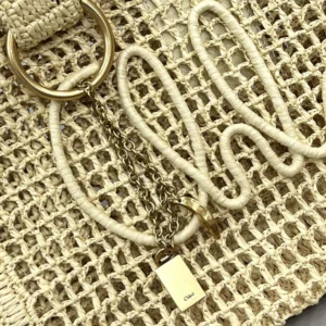 Chloe Women Summer Banana East-west Tote Bag in Raffia & Buffalo Leather-Beige