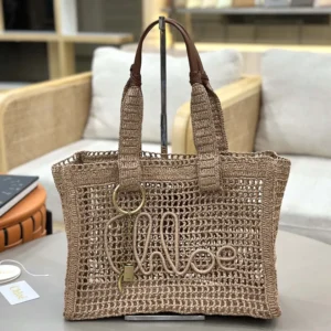 Chloe Women Summer Banana East-west Tote Bag in Raffia & Buffalo Leather-Beige
